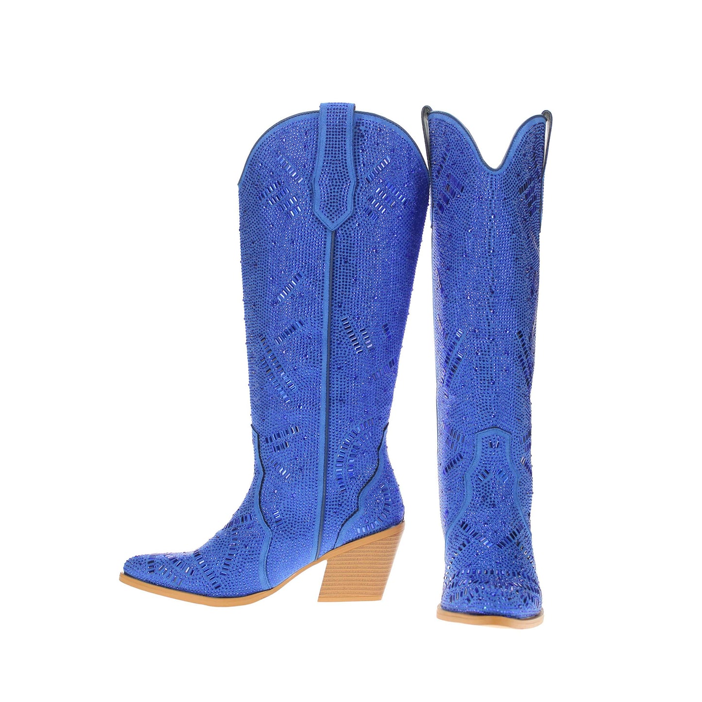 Blue Faux Suede Pointed-Toe Full Crystals Wide Calf Knee High Cowgirl Boots