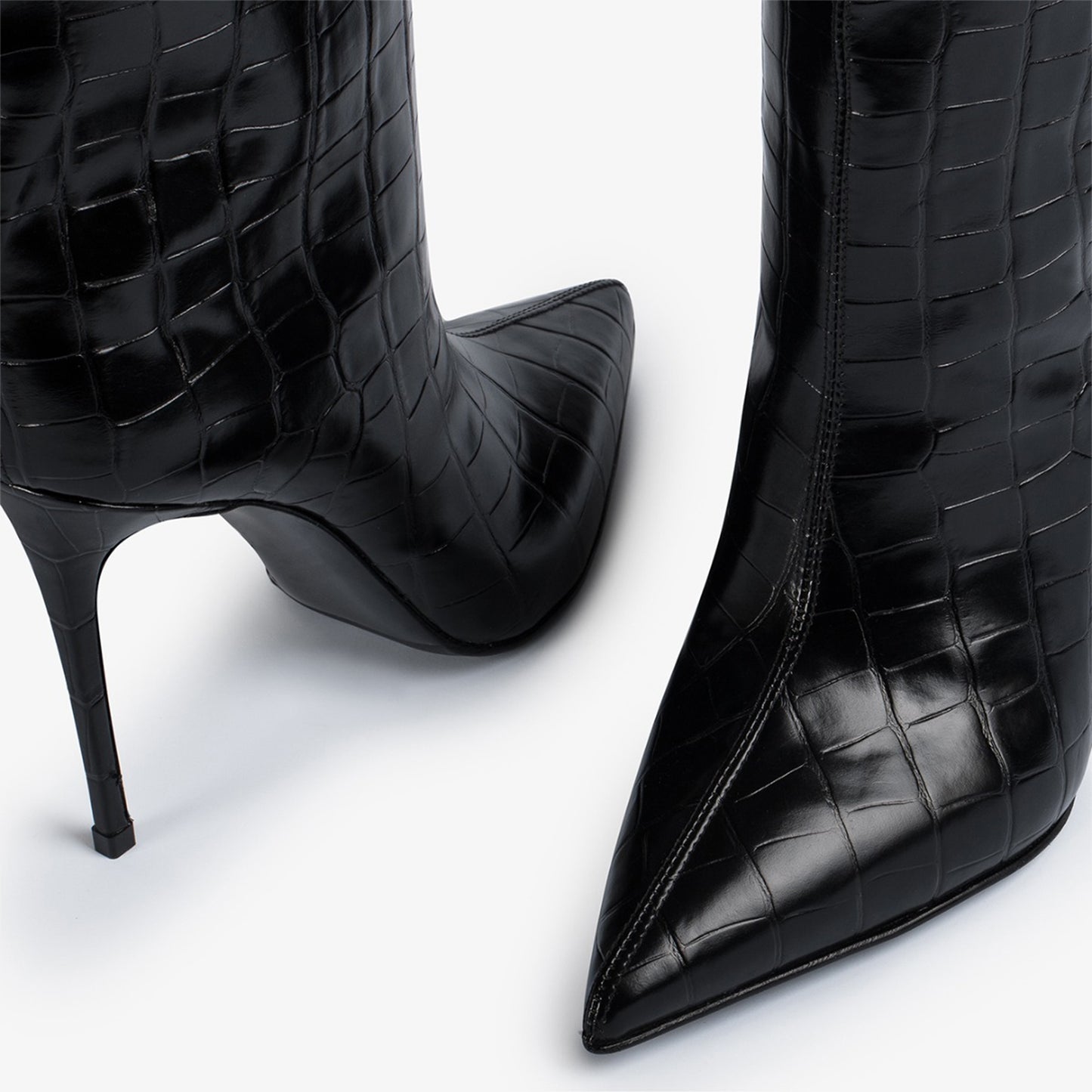 Black Crocodile-Print Pointed-Toe Simple Wide Calf Knee High Tall Stiletto Boots