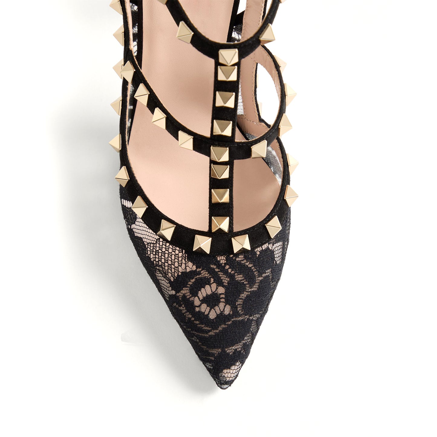 Black Lace Mesh Pointed-Toe Studded Strappy Slingback High Heels