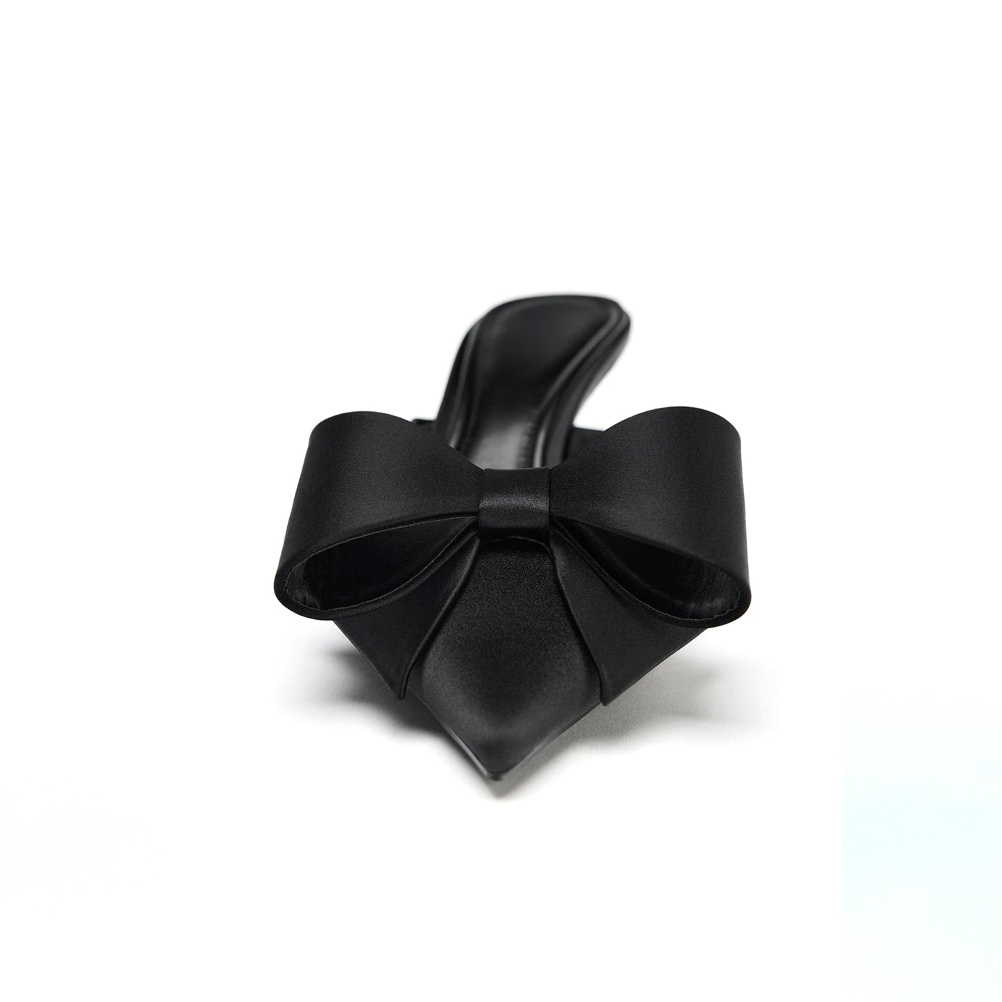 Black Satin Pointed-Toe Maxi Front-Bow Stiletto Kitten Heels