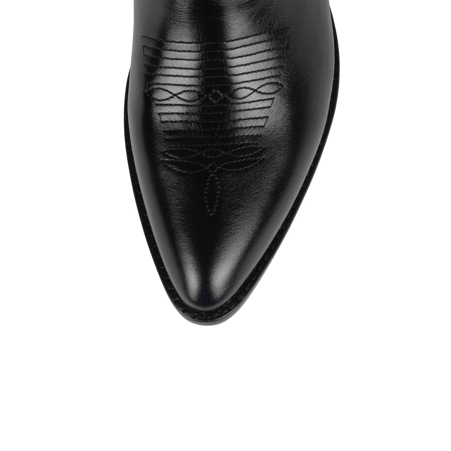 Black Vegan Leather Almond-Toe Embroidery Wide Calf Knee-High Cowgirl Boots