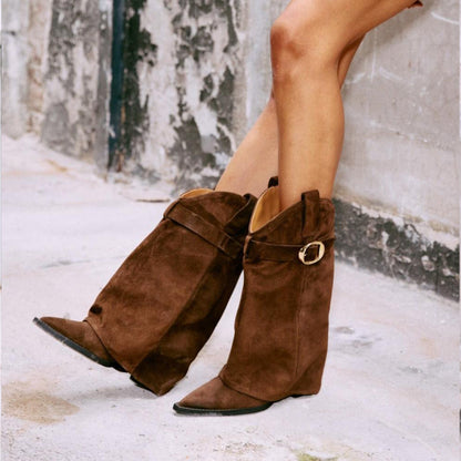 Brown Faux Suede Pointed-Toe Fold-Over Shaft Buckle Mid Calf Cowgirl Boots