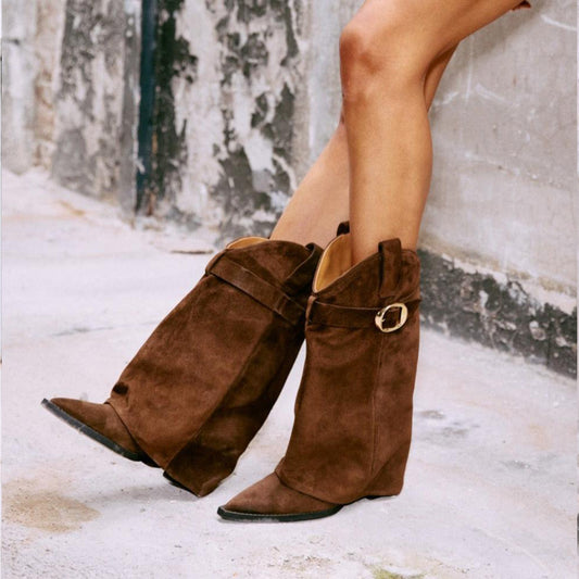 Brown Faux Suede Pointed-Toe Fold-Over Shaft Buckle Mid Calf Cowgirl Boots