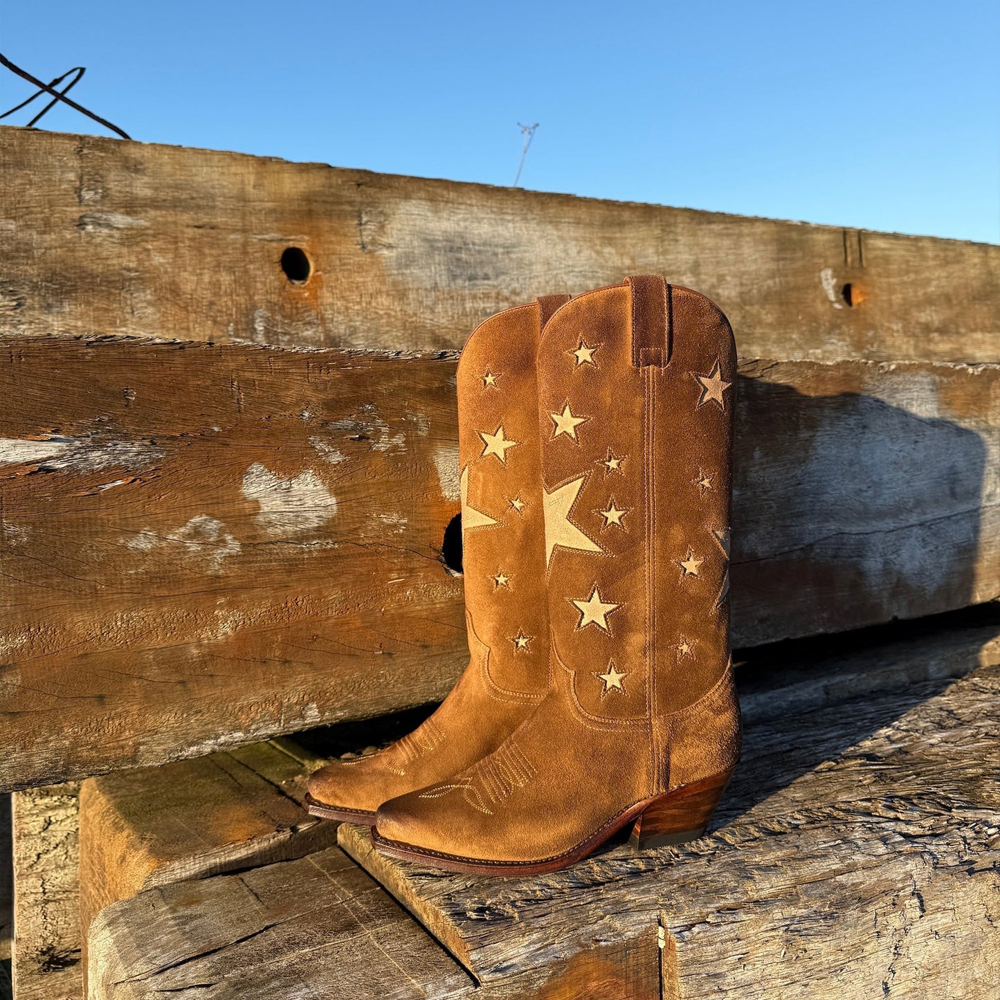Brown Faux Suede Snip-Toe Chic Stars Inlay Mid Calf Cowgirl Boots