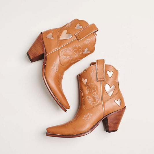 Cognac Snip-Toe Embroidery Metallic Gold Heart Inlay Ankle Cowgirl Boots