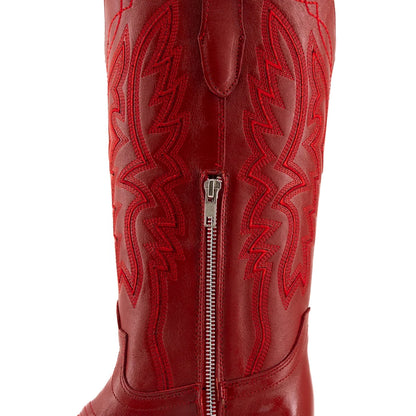 Red Snip-Toe Half-Zip Embroidery Mid Calf Cowgirl Boots