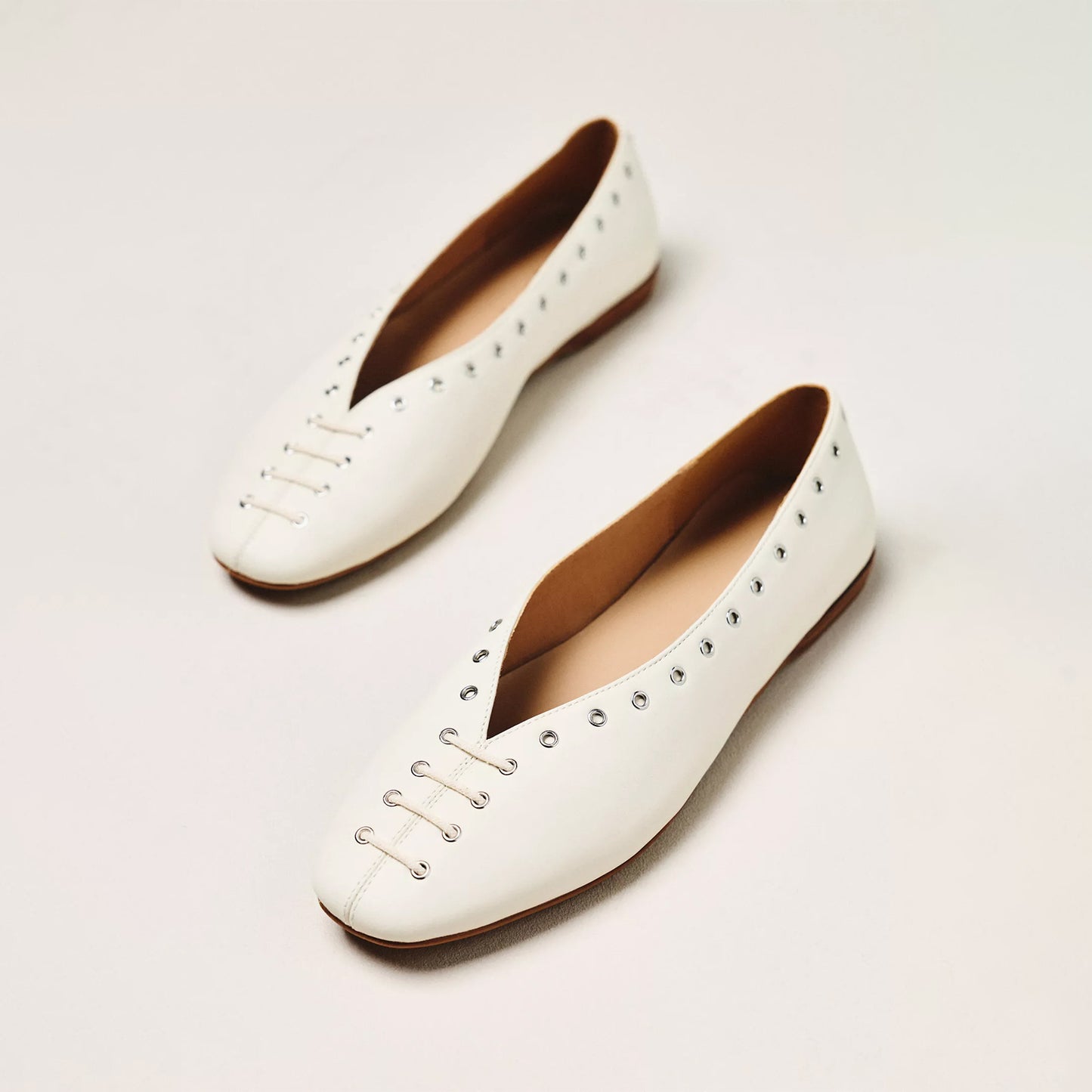 Cream Square-Toe Grommet Lace-Up Ballet Flats