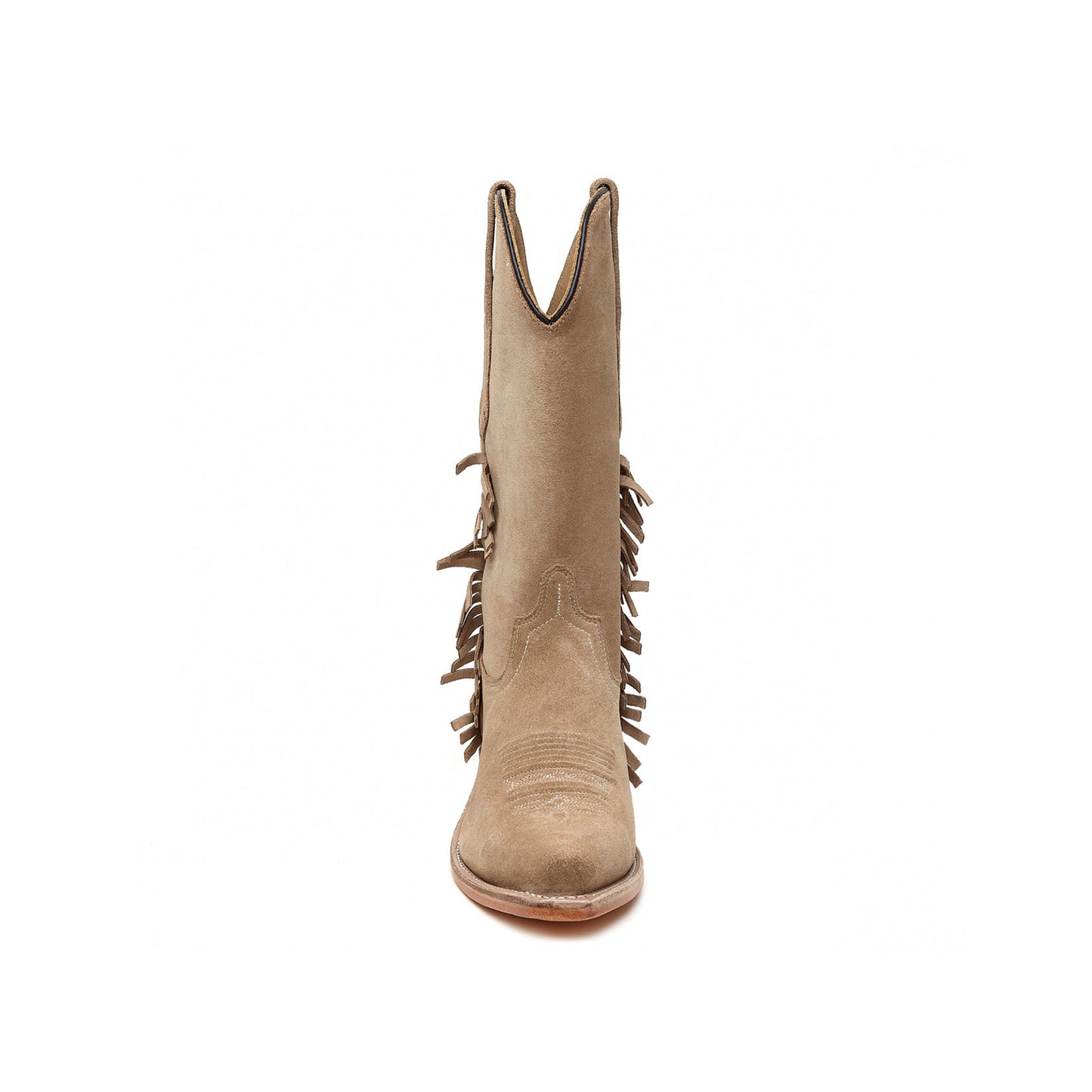 Sand Faux Suede Snip-Toe Short Fringe Mid Calf Cowgirl Boots