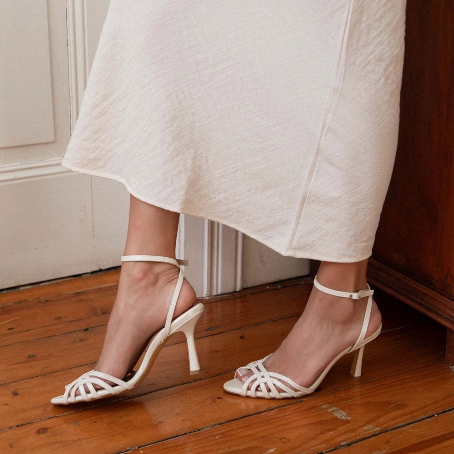 White Pointed-Toe Strappy Back And Ankle Strap High Heels