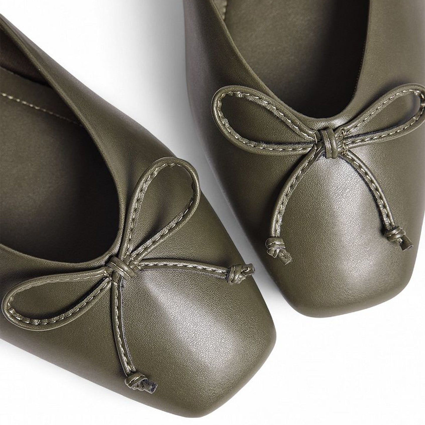 Khaki Green Square-Toe Classic Front Bow Detail Ballet Flats