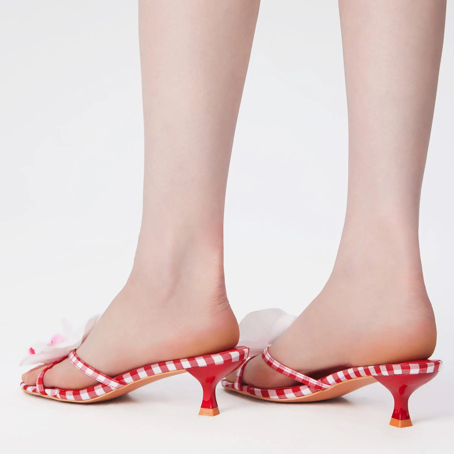 Red Plaid Cloth Square-Toe Front White Flower Backless Kitten Heels