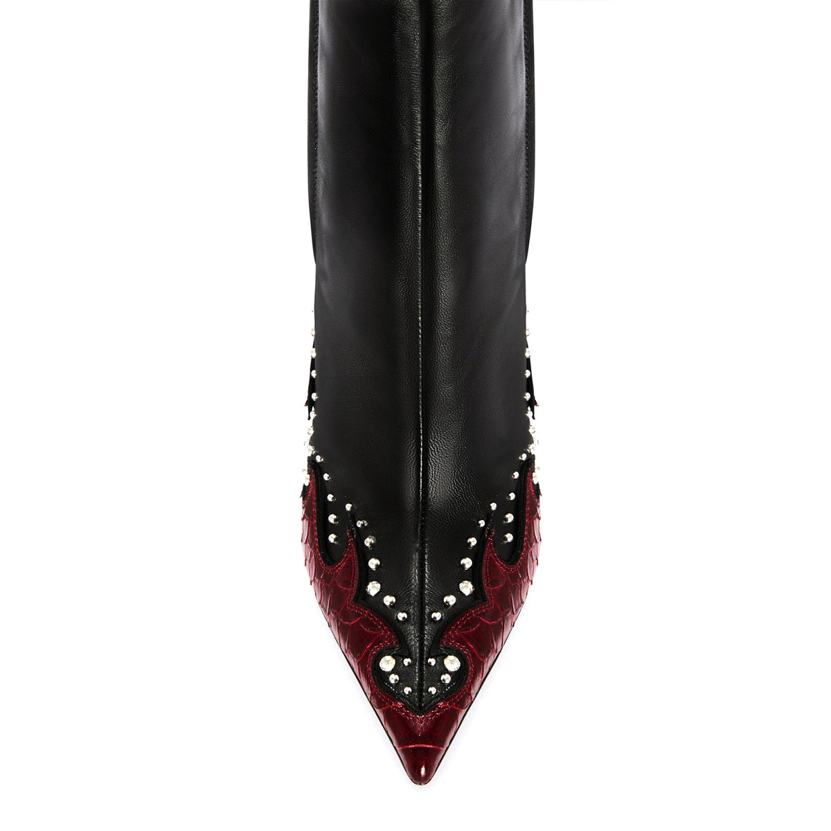 Black And Red Snakeskin Pattern Pointed-Toe Studs Full-Zip Ankle Stiletto Boots