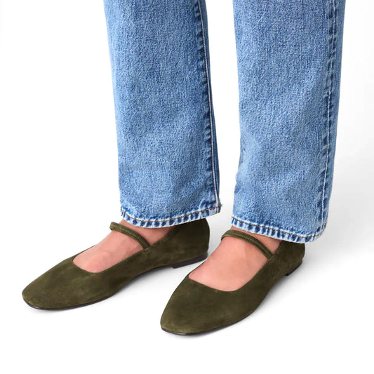 Loden Faux Suede Square-Toe Bridge Strap Slip-On Flats