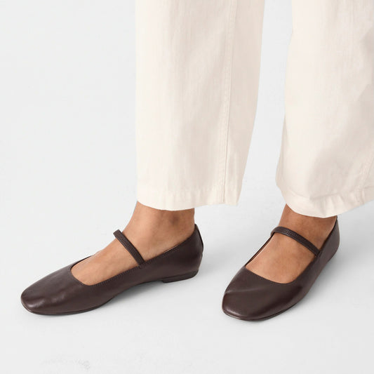 Dark Coffee Vegan Leather Square-Toe Bridge Strap Slip-On Flats