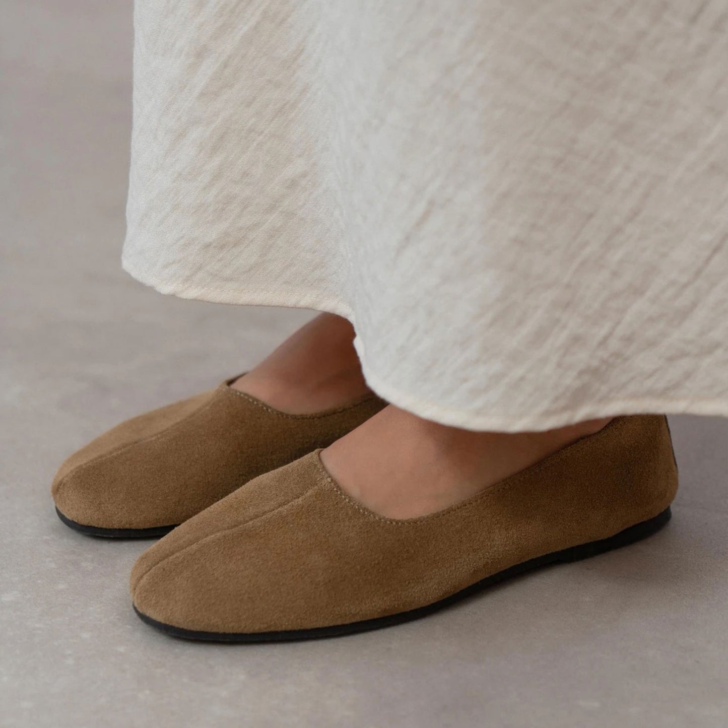 Taupe Cow Suede Round-Toe Slip-On Classic Ballet Flats