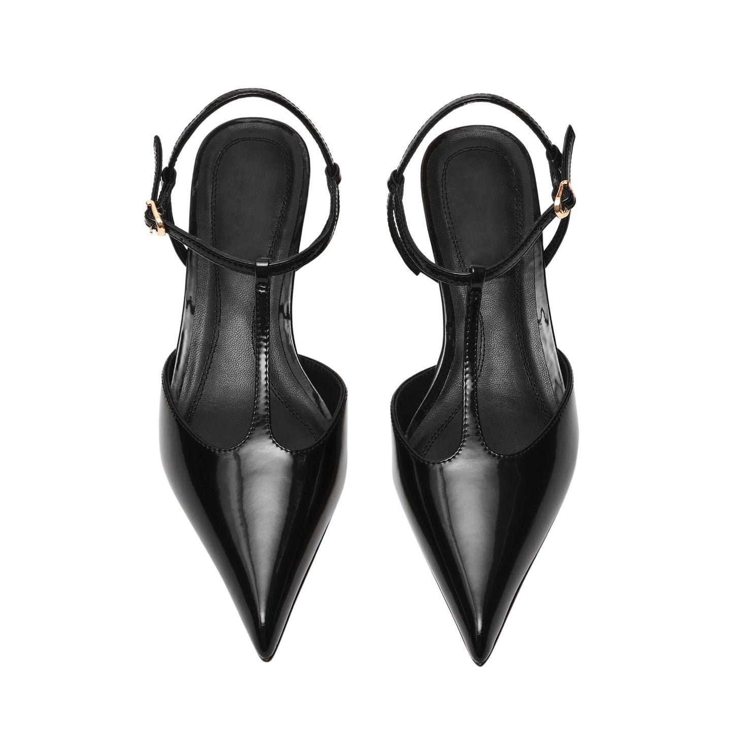 Patent Black Pointed-Toe Straps Kitten Heels