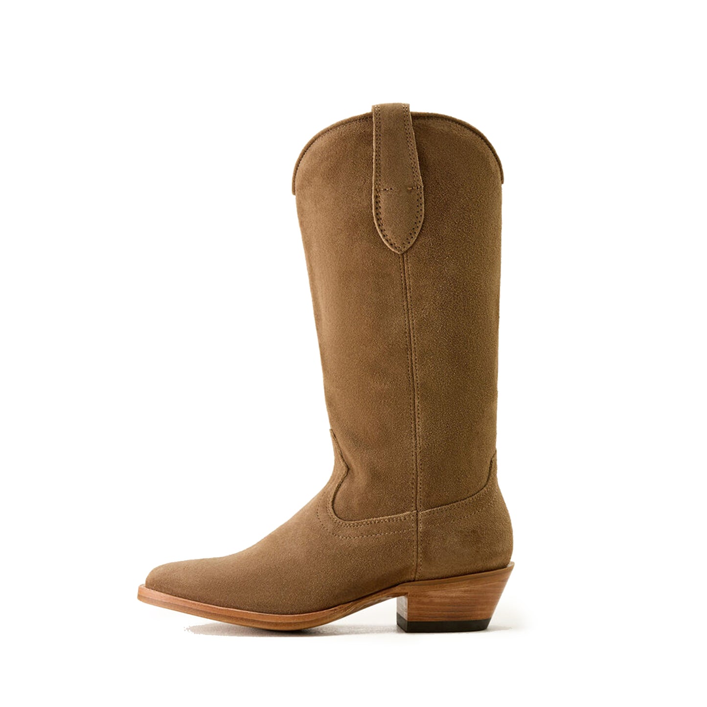 Tan Faux Suede Round-Toe Simple Mid Calf Classic Cowgirl Boots