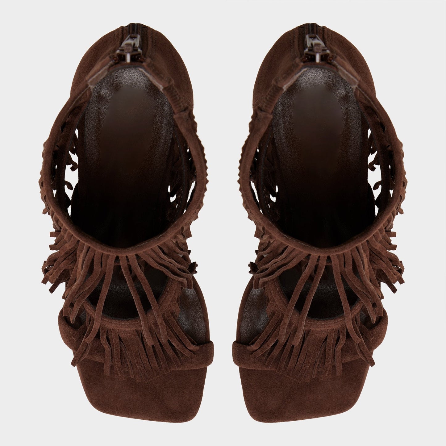Brown Faux Suede Square-Toe Fringe And Strappy Back-Zip High Heels