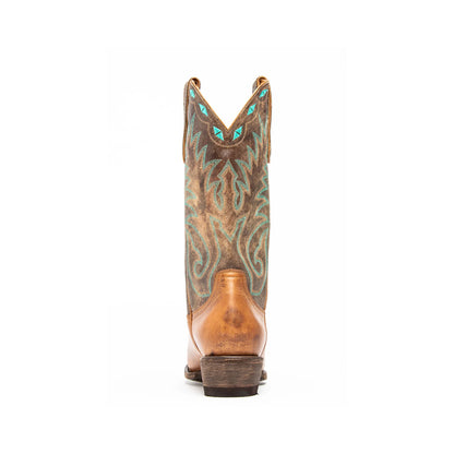 Distressed Contrast Brown And Tan Square-Toe Embroidery Mid Calf Cowgirl Boots