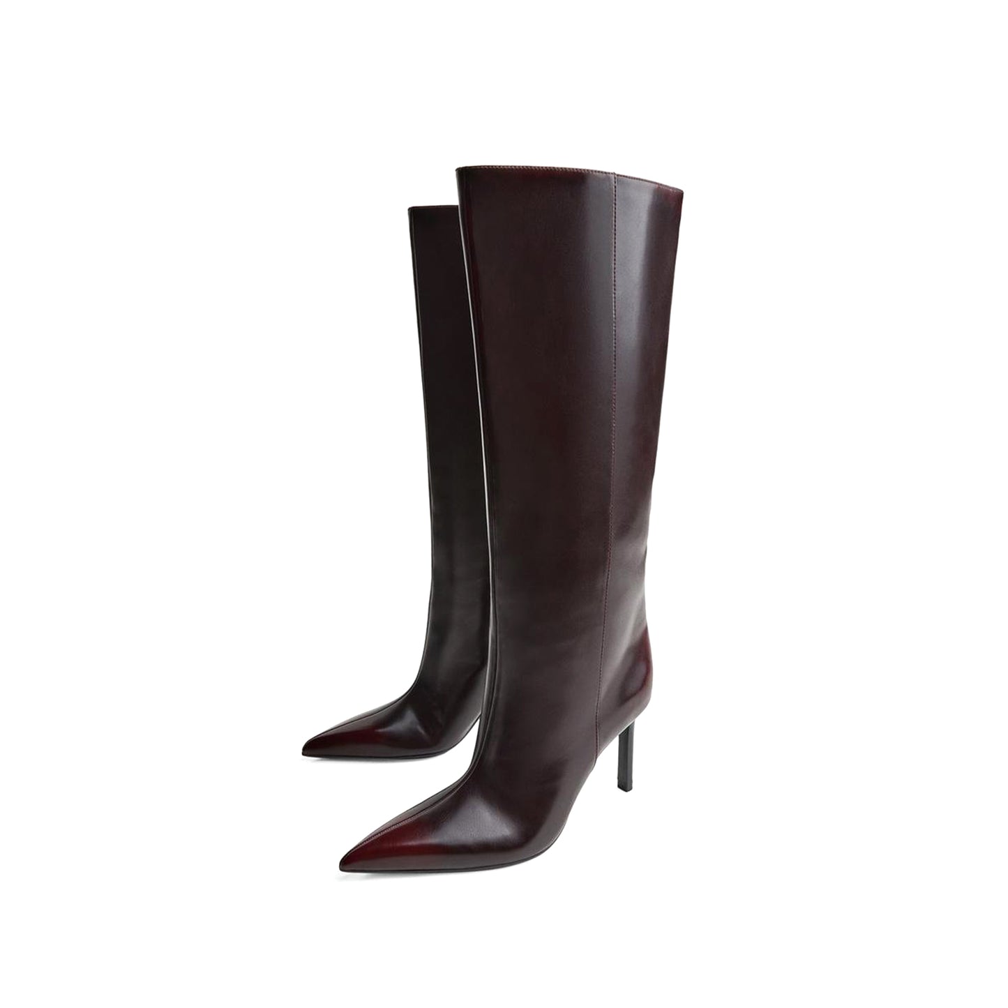 Maroon Pointed-Toe Sleek Wide Calf Knee High Stiletto Boots