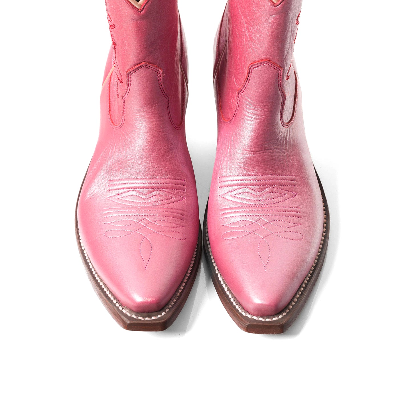 Metallic Pink Snip-Toe Flowers Embroidery Ankle Cowgirl Boots