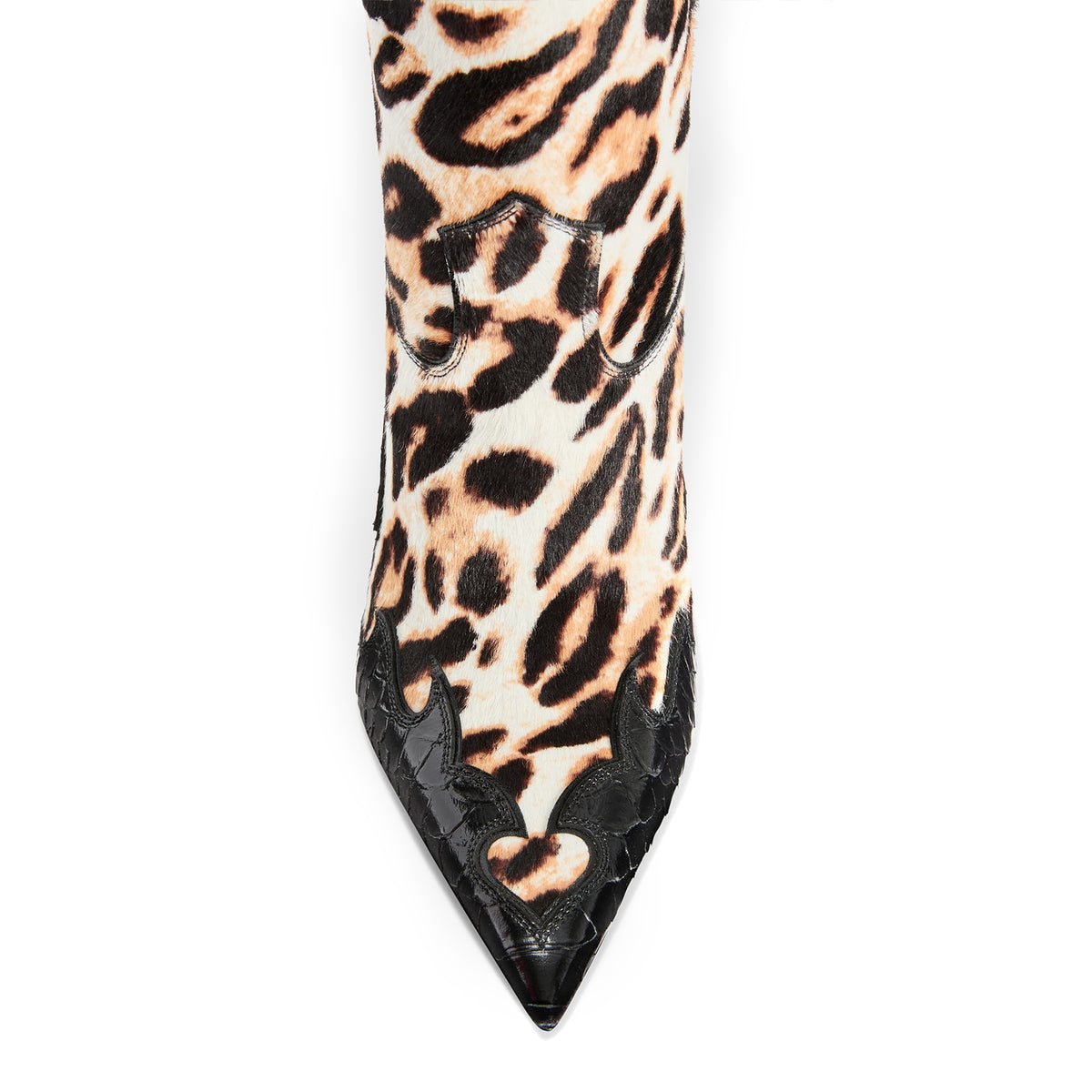 Leopard Pattern And Black Snakeskin Pattern Pointed-Toe Slip-On Mid Calf Stiletto Boots