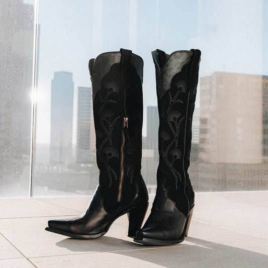 Black Contrast Faux Suede And Vegan Leather Snip-Toe Floral Embroidery Half-Zip Knee High Cowgirl Boots