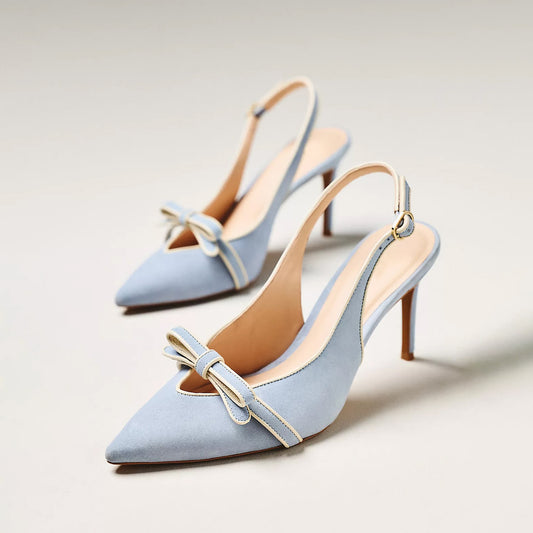 Blue Suede Pointed-Toe Front Bow Slingback Ankle Strap Kitten Heels