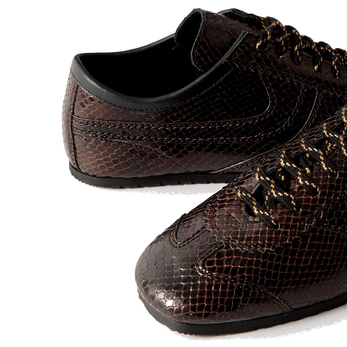 Dark Brown Snakeskin Print Vegan Leather Square-Toe Lace-Up Sneakers Flats