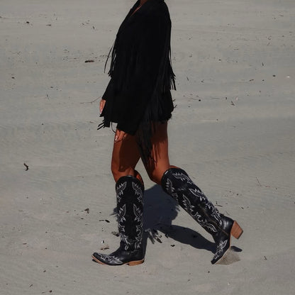 Black Snip-Toe Chic Embroidery Wide Calf Knee High Cowgirl Boots