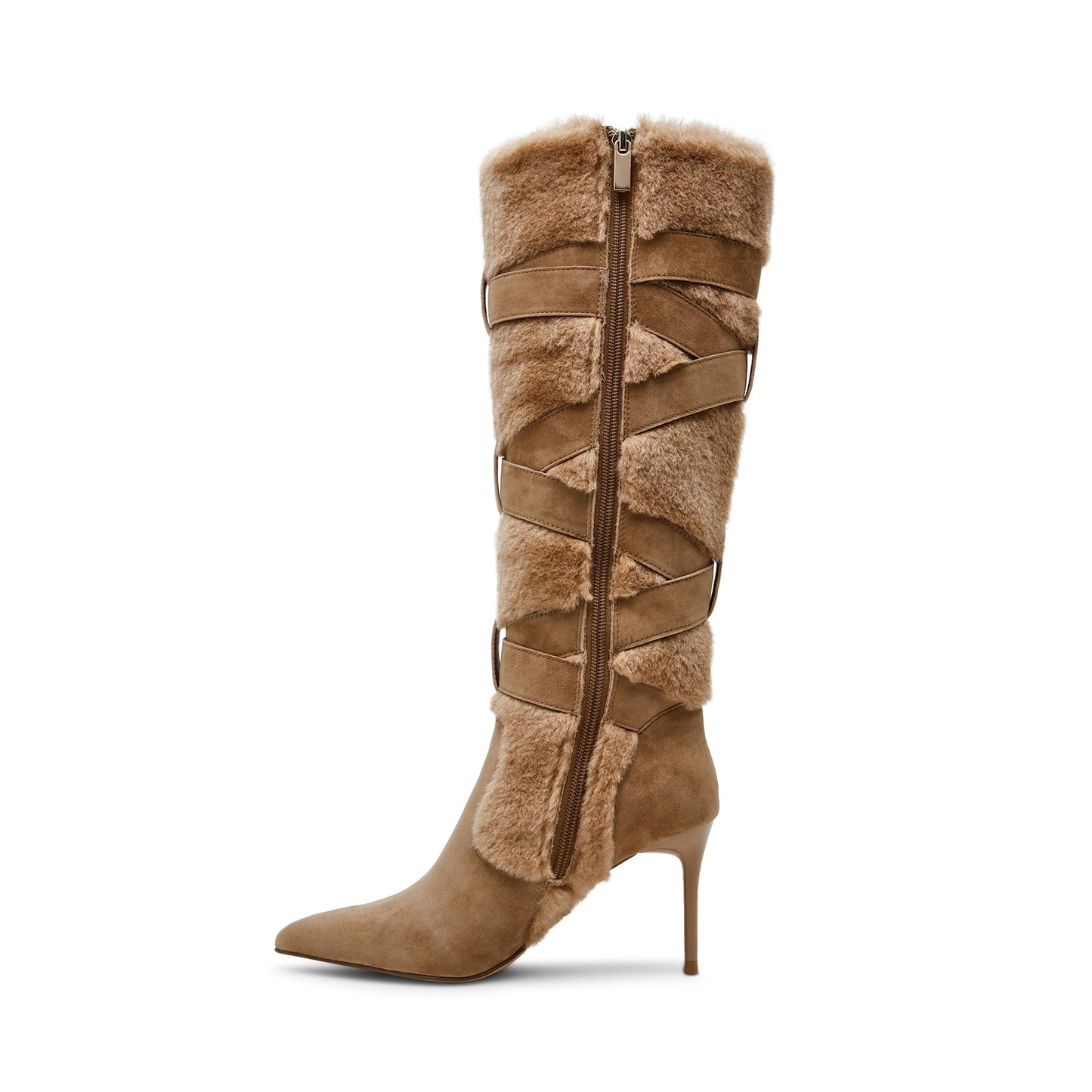 Tan Faux Suede Contrast Plush Pointed-Toe Full-Zip Buckle Knee High Stiletto Boots