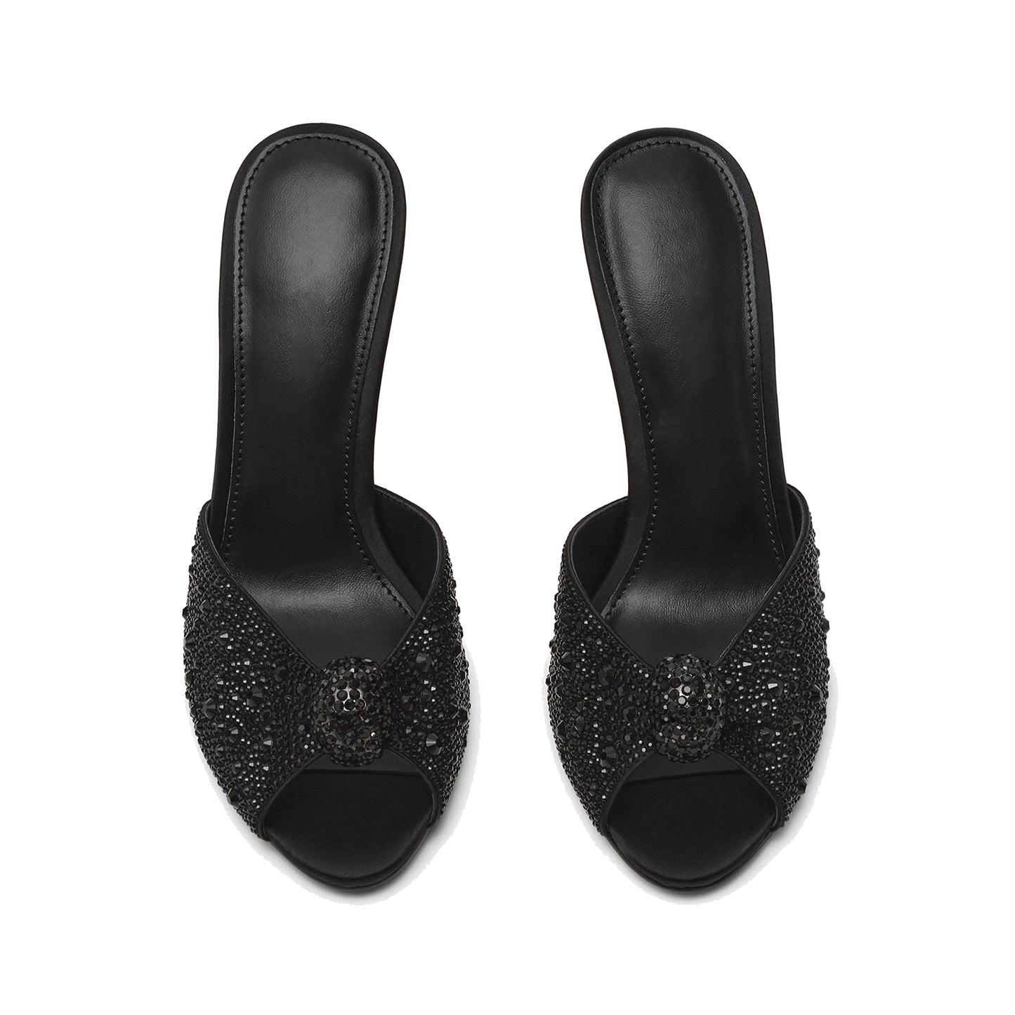 Black Satin With Rhinestones Peep Round-Toe Slip-On Backless High Heels