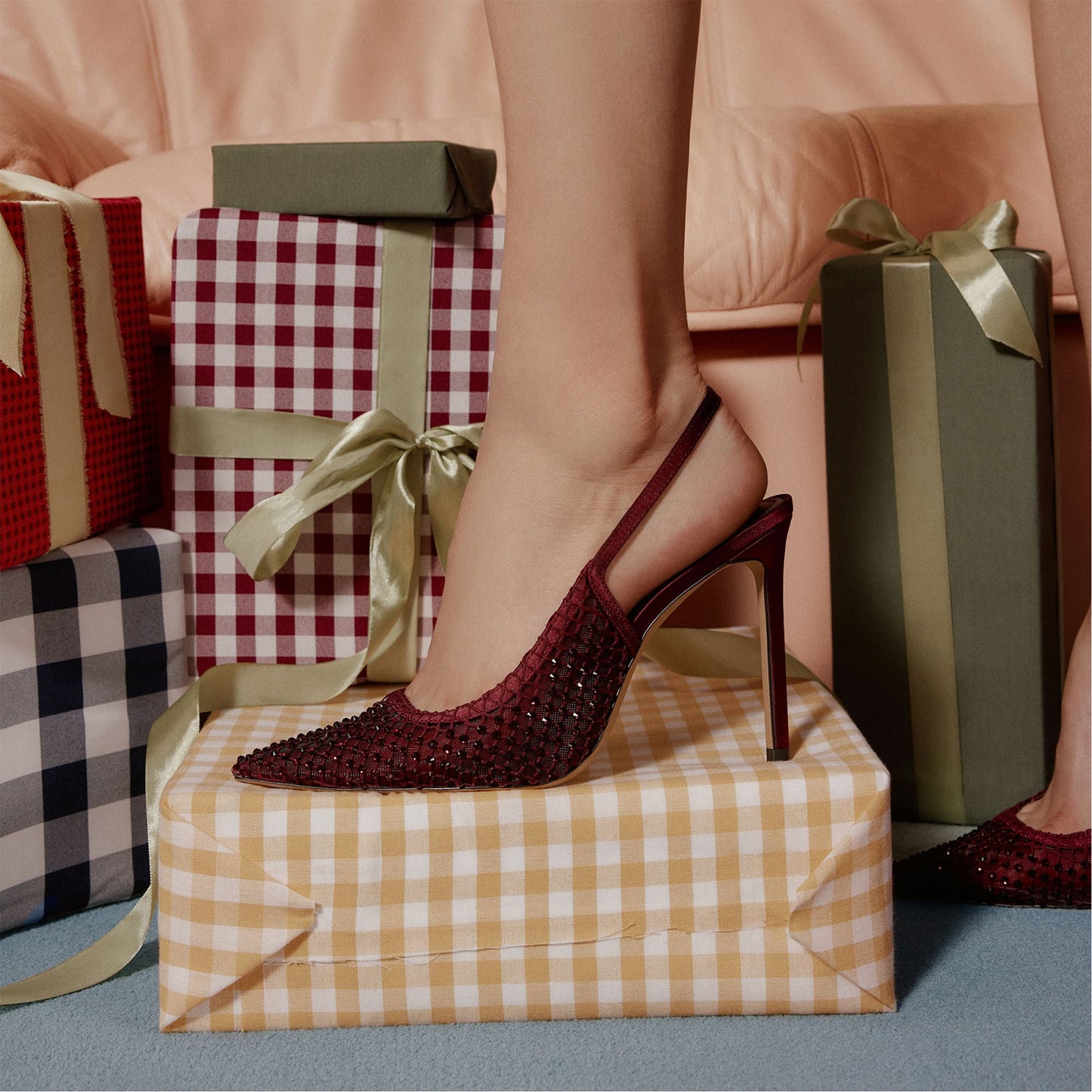 Burgundy Rhinestones Mesh And Satin Pointed-Toe Slingback High Heels