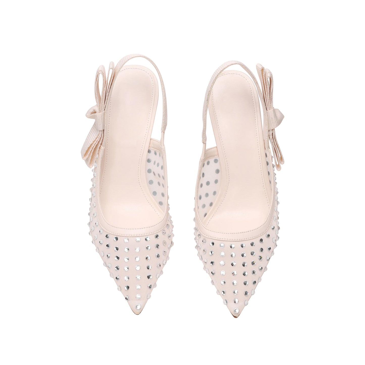 Ivory Mesh Rhinestones Pointed-Toe Slingback With Bow High Heels Pumps