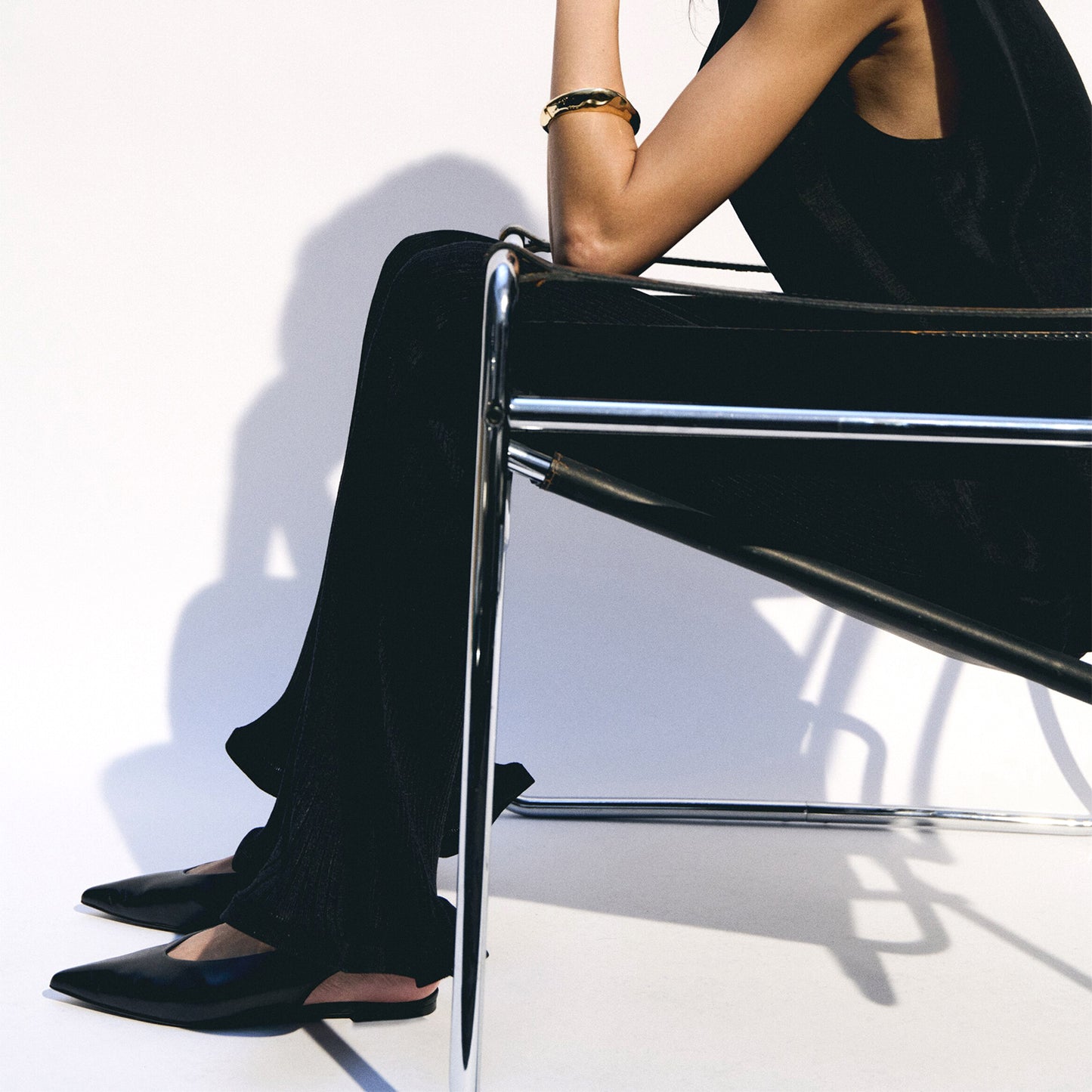 Black Pointed-Toe Slingback Slip-On Flats