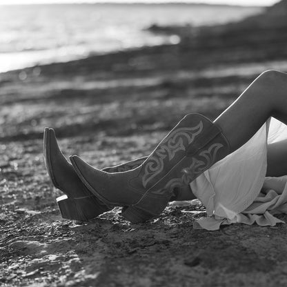 Camel Faux Suede Snip-Toe Mid Calf Embroidery Cowgirl Boots