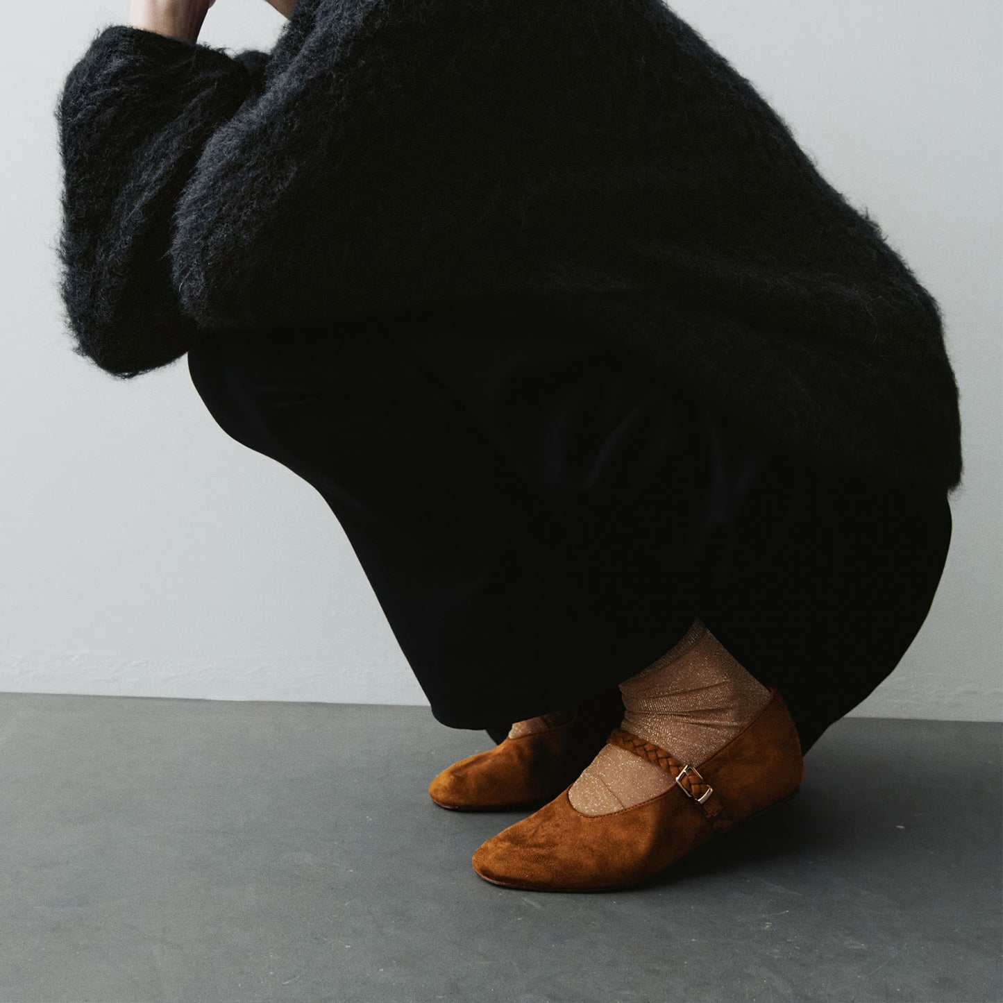 Coffee Faux Suede Square-Toe Delicate Buckle Mary Jane Ballet Flats