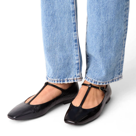 Patent Black Square-Toe Buckled T-Strap Ballet Flats