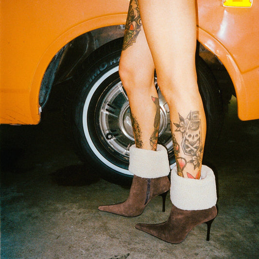 Brown Faux Suede And Plush Pointed-Toe Full-Zip Ankle Stiletto Boots