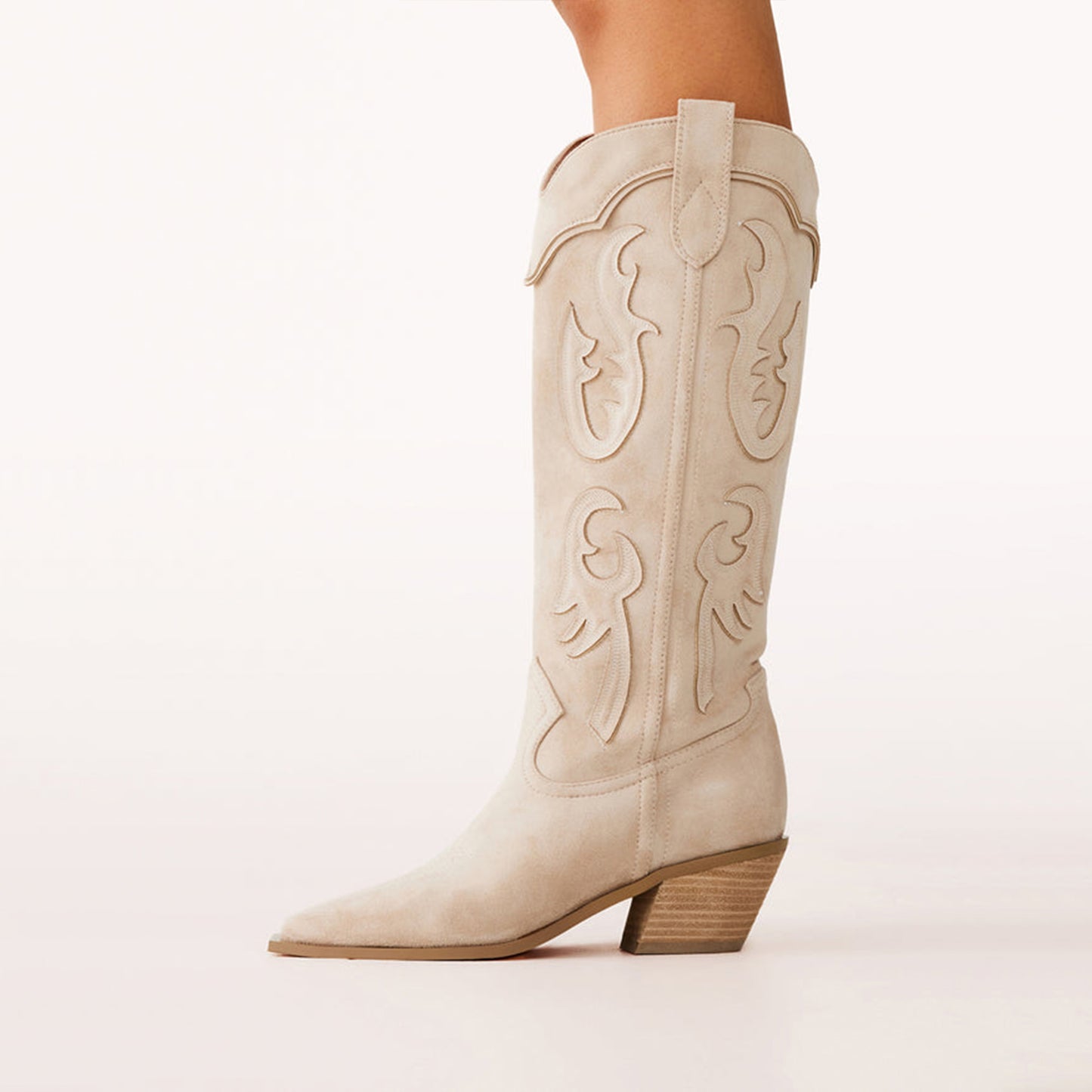 Light Beige Faux Suede Almond-Toe Applique Wide Calf Knee High Cowgirl Boots