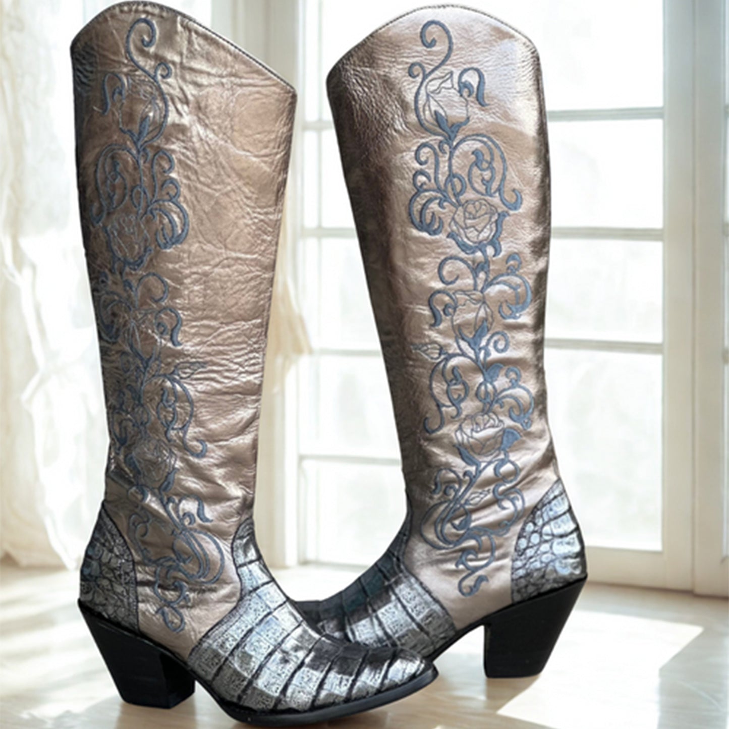 Metallic Silver Contrast Vegan Leather And Crocodile Print Round-Toe Embroidery Half-Zip Knee High Cowgirl Boots