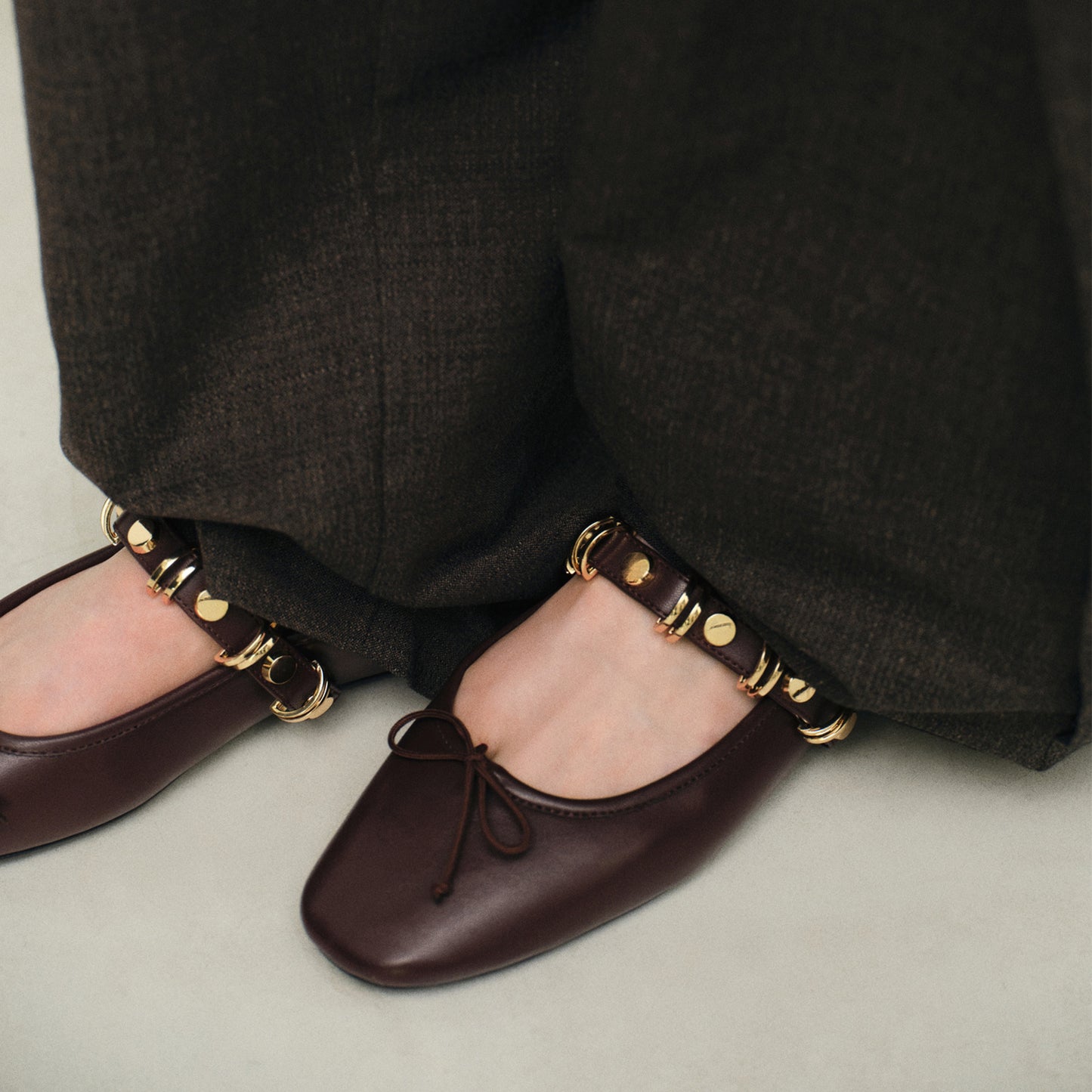 Burgundy Square-Toe Front Bow And Studded Mary Jane Ballet Flats