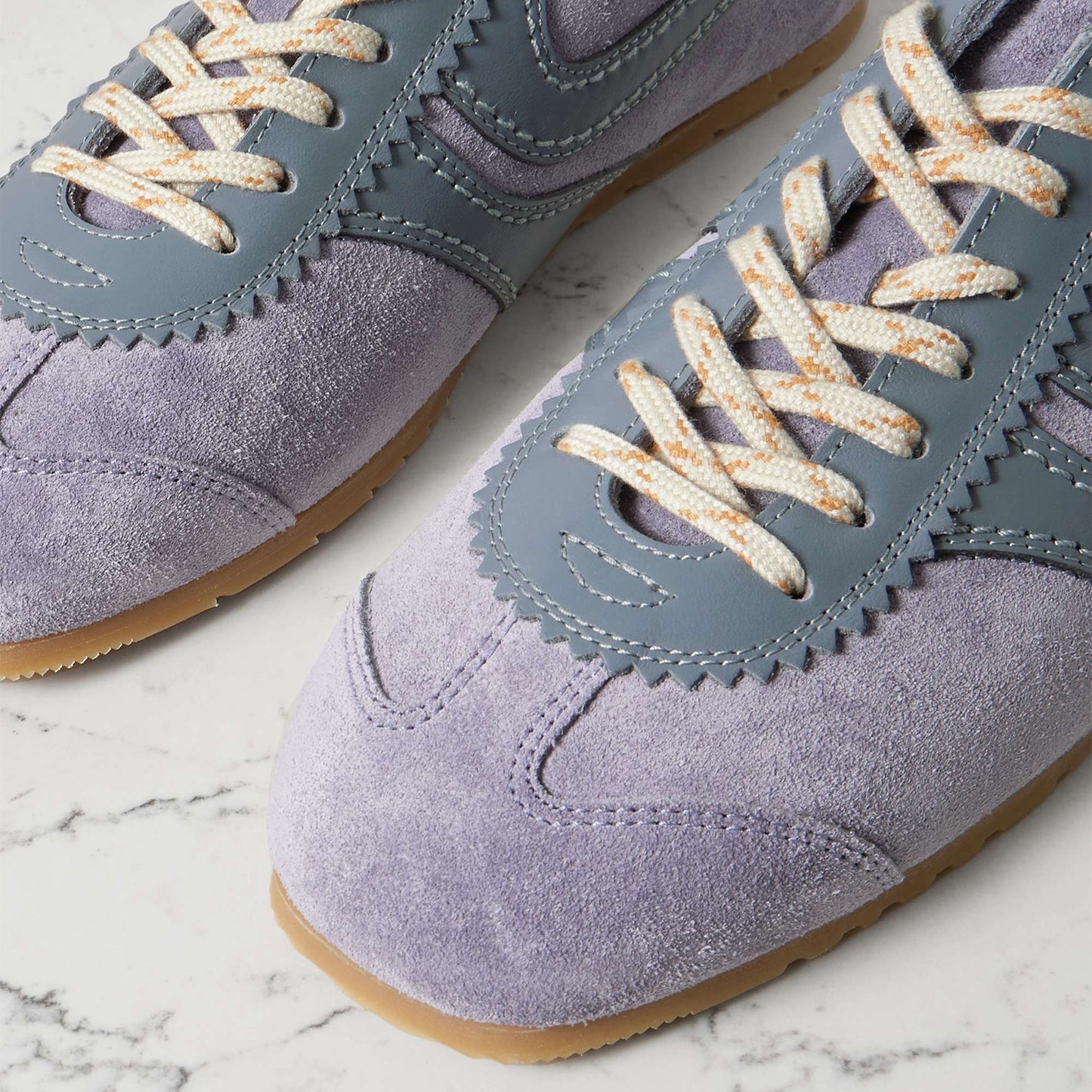 Dark Lilac Contrast Faux Suede And Vegan Leather Square-Toe Lace-Up Sneakers Flats