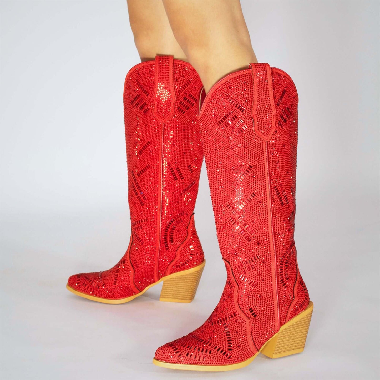 Red Faux Suede Pointed-Toe Full Crystals Wide Calf Knee High Cowgirl Boots