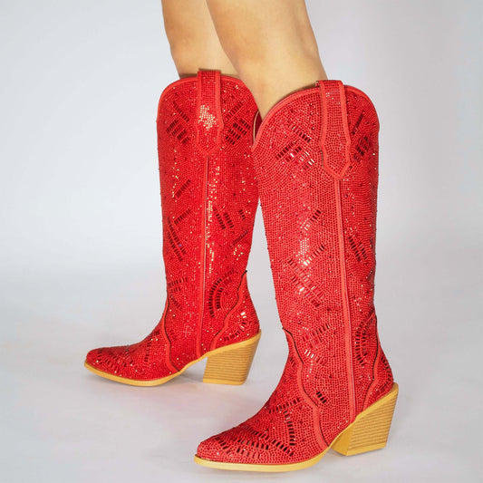 Red Faux Suede Pointed-Toe Full Crystals Wide Calf Knee High Cowgirl Boots