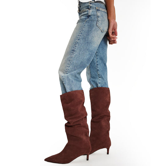 Coffee Faux Suede Pointed-Toe Wide Calf Knee High Stiletto Boots