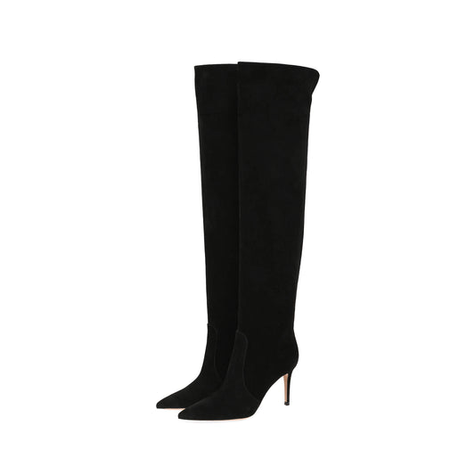 Black Faux Suede Pointed-Toe Wide Calf Over-The-Knee Stiletto Boots