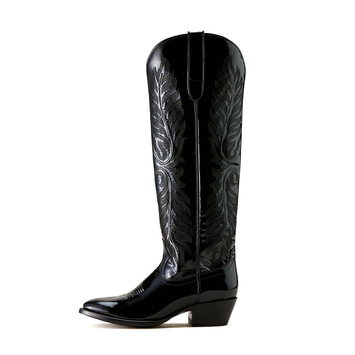 Patent Black Round-Toe Intricate Stitching Wide Calf Knee High Cowgirl Boots