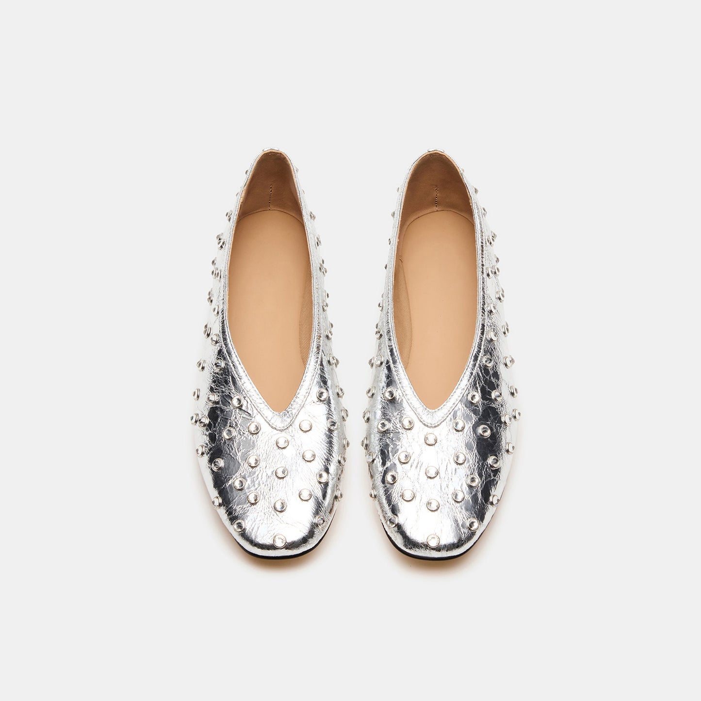 Metallic Silver Elegant Square-Toe Rhinestone Slip-On Flats