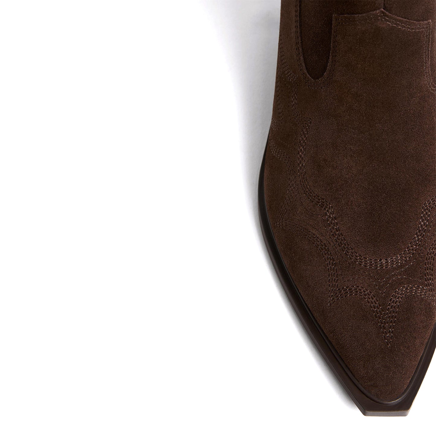 Coffee Faux Suede Almond-Toe Embroidery Detail Full-Zip Ankle Cowgirl Boots